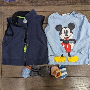 5/$10 Baby navy fleece vest long sleeve shirt Mickey Disney and socks